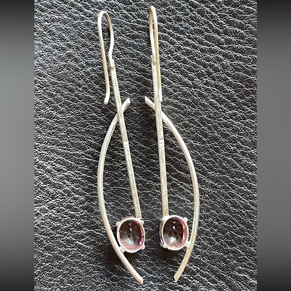 Modern Geometric Sterling Silver Rhodolite Garnet Dangle Earrings - Picture 2 of 4